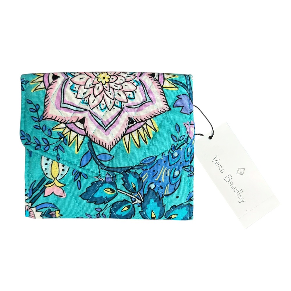 Vera Bradley Peacock Garden RFID Mini Tri-Fold Wallet Teal Quilted Cotton NWT